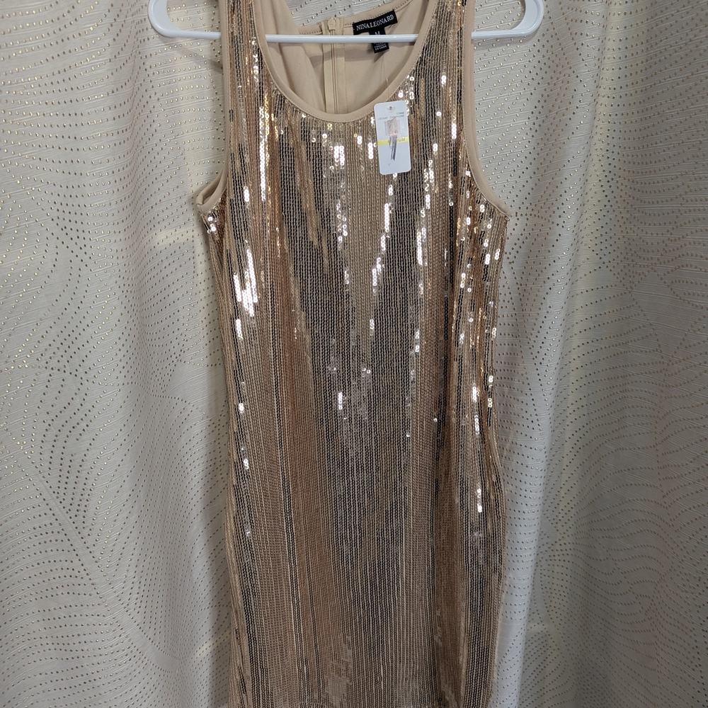Nina Leonard Cream Dress with Gold Details